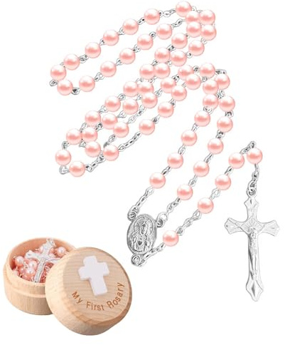 Nangilo Rosary Beads Catholic Kids,Baptism Gifts for Girls,Rosary Bead,My First Baptism Gifts, Christening Gifts for Girls,Baptisms Memorial Box, Pink Necklace, Box Holder for Women Baby Shower