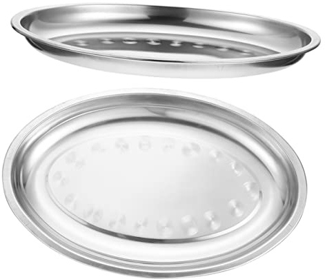 FUNNETOYU 2pcs 30cm Oval Stainless Steel Plates Heat-Resistant Food Tray Steak Serving Dish Steam Fish Fruit Dish for Home and Restaurant