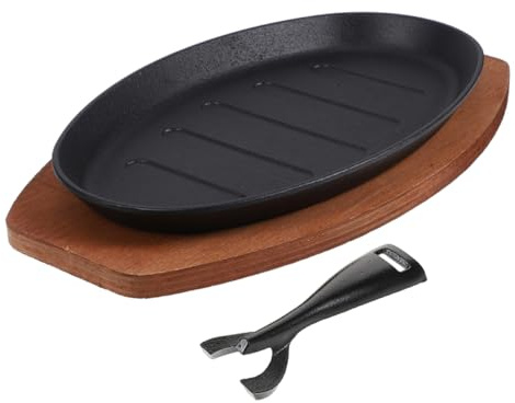 BIUDECO Cast Iron Sizzling Steak Plate 12-inch Rectangular Bbq Grill Pan Red Wooden Base and Fork, Non-stick Teppanyaki Hot Plate for Indoor Grilling and Family Dining