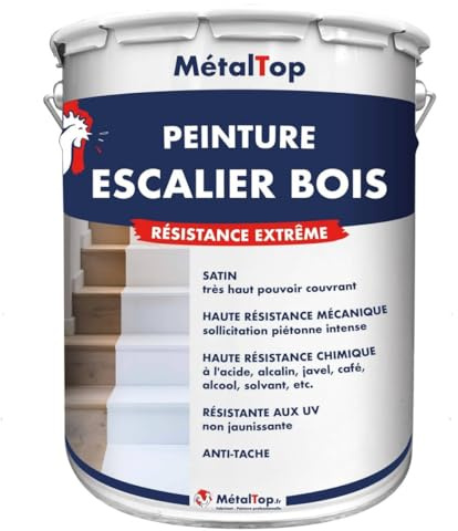Metaltop - Peinture Escalier Bois - Blanc pur - RAL 9010-1 L - Résistance extrême au passage, idéale pour les escaliers très sollicités (maison, locaux pros)