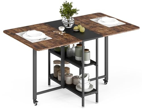Mondeer 140cm Esstisch Klappbar,Küchentisch für kleine Räume,4-6 Personen | Klapptisch Ausklappbare,Ausreichend Stauraum,360° Rädern leicht bewegen und verriegeln,Küche,Esszimmer,Wohnzimmer,Braun
