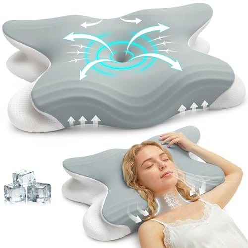 Oreiller Ergonomique Cervical à Mémoire de Forme, Coussin Orthopédique pour Douleurs Cervicales, Oreiller Anti Ronflement et Apnée, Soutien Nuque pour Dormeurs Côté, Dos et Ventre (Gris,Extra grande)