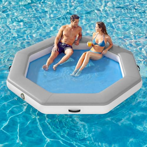 Danrelax 8FT Octagon Inflatable Floating Dock with Woven Fabric Deck, Large Floating Island for Lake Pool Ocean, Heavy Duty Sunchill Float Ring with Quick Inflate Pump, Supports 2 to 8 Adults, Grey