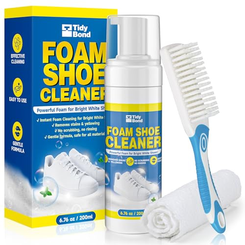 Tidybond Shoe Cleaner 200ml – Foam Trainer Cleaner for White Shoes, Removes Dirt & Stains, Anti-Yellowing Cleaning Kit with Brush & Cloth, Suitable for Leather, Canvas, Mesh & Rubber