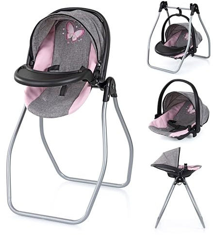 Bayer Design Puppenhochstuhl, trage, Bett, Schaukel 4 in 1 Set | mit Stoffbezug, Anschnallgurt, Esstablett, Puppenzubehör für vielfältige Rollenspiele der Kinder ab 3+
