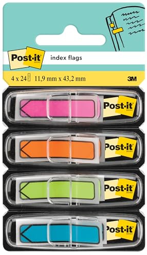 Post-it Index Små pilar i en plastdispenser, blandade färger, 11,9 mm x 43,2 mm, 24 flaggor/dispenser, 4 dispenser/förpackning