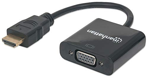 Manhattan HDMI to VGA Converter cable, 1080p, 30cm, Male to Female, Micro-USB Power Input Port for additional power if needed, Black, Three Year Warranty, Polybag