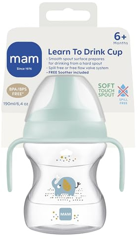 MAM Learn to Drink Cup, Bottle Handles and Soother, 6+ Months Baby Cup with Removable Handles, Baby Feeding Accessories, 190 ml, Blue (Designs May Vary)