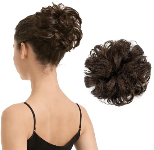 BARSDAR 100% Echthaar Haarteil Haargummi，Gelockt Unordentlich dutt extensions echthaar Haarteil Haargummi Hochsteckfrisuren unordentlicher Haarverlängerung für Damen Mädchen 4# Braun
