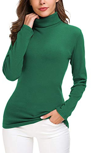 EXCHIC Mujer Casual Ajustado Cuello Alto Jerséis Camisa Manga Larga Elástico Pullover (L, Verde Oscuro)
