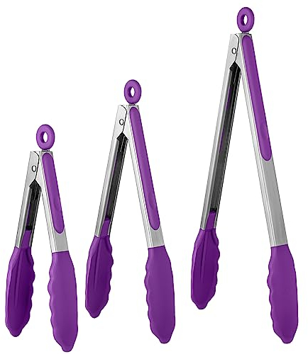 U-Taste 17/22/30 cm Pinzas Cocina Silicona, con Puntas de Silicona de Alta Resistencia al Calor de 315 ℃, Mango de Acero Inoxidable 18/8, Para Ensalada, Barbacoa, Freír, Juego de 3 (Púrpura)