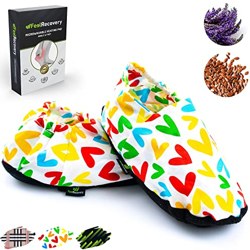 Zapatillas Térmicas de Semillas - Pantuflas Calientapiés Calentar en Microondas - Bolsa de Calor para Pies Fríos con Funda Lavable, Tela de Algodón 100% y Olor a Lavanda (L/XL, Corazones)