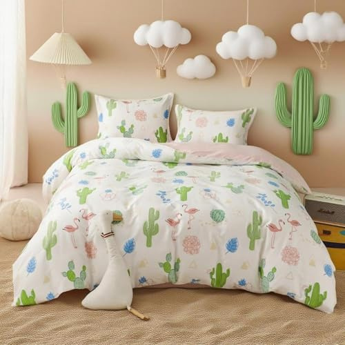 Simple&Opulence 100% Organic Cotton Duvet Cover for Kids Teens, 4 Pieces Soft Comforter Cover with Zipper Closure Warm Adorable Flamingo Bedding Set - Cactus, Full/Queen