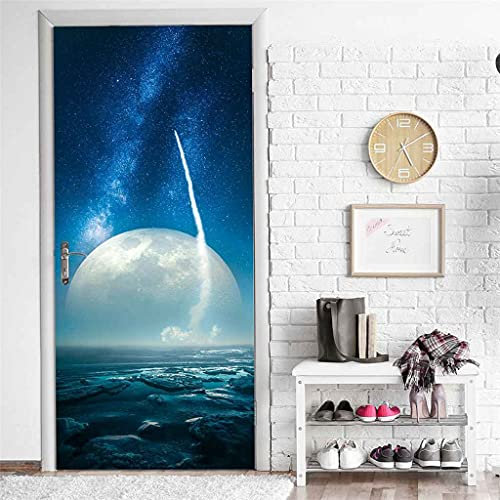 CBWRAW 3D Türtapete Fototapete Selbstklebend Türposter Abnehmbar PVC Fototapete Türfolie Mondblauer Sternenhimmel Muster Türaufkleber Für Wohnzimmer Erwachsene Kind Schlafzimmer Küche 77x200cm