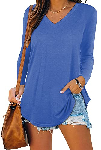iChunhua Ladies Soft Basic V Neck Long Sleeve Tops Tee Shirt T-Shirt Blue Medium