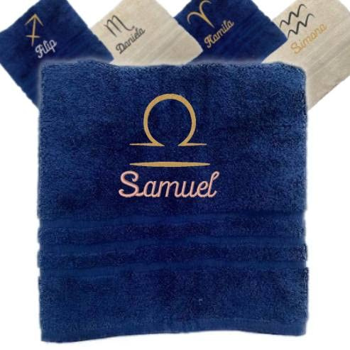 Pet-Jos Handtuch mit Namen und Sternzeichen, Personalisiertes Geschenk, Besticktes Handtuch Geschenkhandtuch 50x100 cm (Dunkelblau, Waage)