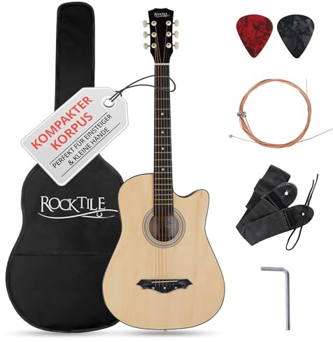 Rocktile WSD-5C-NT Slim Line Set de Guitares Western - Guitare Acoustique Dreadnought - Corps en Tilleul - Manche : Catalpa - Set incluant housse, cordes de rechange, sangle et médiators - Naturel