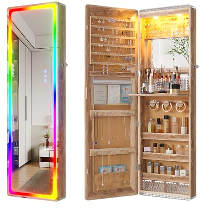 HNEBC LED Mirror Jewelry Cabinet with RGB Lights,47.2 Wall Mounted Jewelry Organizer with Full-Length Mirror,Over The Door Hanging Jewelry Armoire Storage Cabinet,Folding Dresser,2 Drawers,Lockable