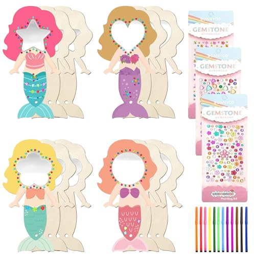 Meerjungfrau Basteln 12 Stück DIY Holzspiegel Bastelsets für Kinder | Meerjungfrauen Basteln Kindergeburtstag Mädchen Meerjungfrau Geburtstag Deko DIY Kreativsets Holzspiegel mit Aquarellstift