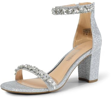 DREAM PAIRS Women's Bridal Sandals Glitter Ladies Mid Low Block Heels Ankle Strap Strappy Wedding Party Evening Prom Open Toe Shoes SDHS2440W,Size 5.5,Silver-Glitter,SDHS2440W