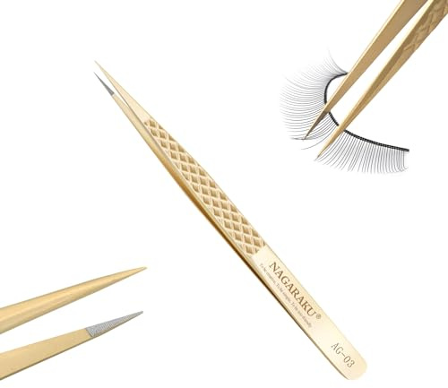 NAGARAKU Fiber Tip Separierpinzette Gold Edelstahl Präzisionspinzette mit Klassischer Gerader Spitze Diamond Rutschfester Grip für Saubere Lash Isolation Einzelwimpern & Anfänger Technik (AG-03) | Faserspitze und rutschfester Griff zum sauberen Trennen der Naturfasern und zur Erleichterung der individuellen Anbringung