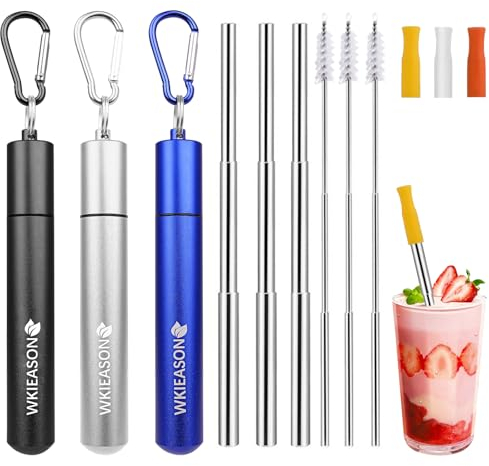 WKIEASON 3 Pack Portable Metal Drinking Straws Collapsible Stainless Steel Straws Telescopic Reusable Straw with Aluminum Key-Ring Case & Cleaning Brush and Silicone Tips for Travel Home Work