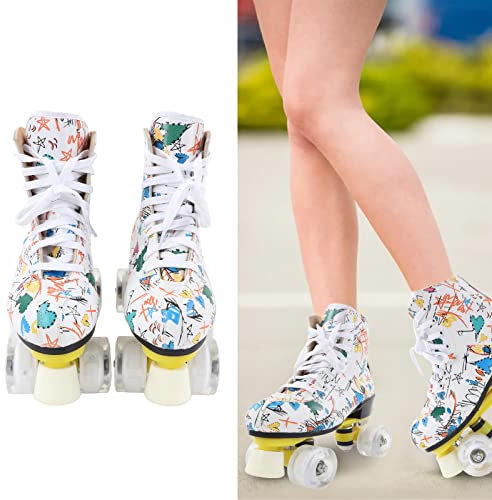 Rollschuhe, Zweireihige 4-Rad-Rollschuhe, Weiße Graffiti-Rollschuhe, Skating-Schuhe und Erwachsene