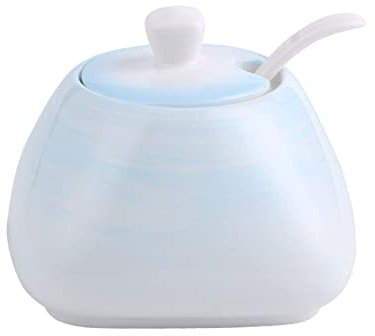 OUSIKA Azucarero, bote de condimento, azucarero de cerámica colorido con tapa, azucarero de porcelana con cuchara, salero pequeño, tarro de almacenamiento, for cafetería, restaurante, azul, individual