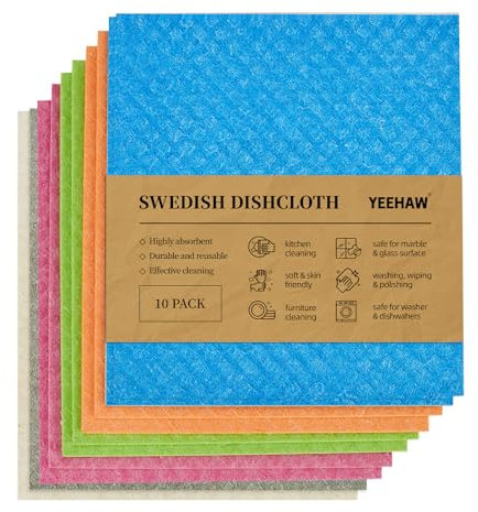 YEEHAW Swedish Dishcloths for Kitchen 10 Pack, Cellulose Sponge Cloths, No Odor Resuable Cleaning Cloths, Super Absorbent Dish Cloth Hand Towel for Kitchen, Bathroom, Glass Surface, Furniture