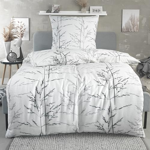 BaSaTex Seersucker Bettwäsche Set, 2-TLG., 135x200 cm, Gräser Weiss | Seersucker Baumwolle, Öko_Tex Zertifiziert, Bettgarnitur mit Struktur, Reißverschluss
