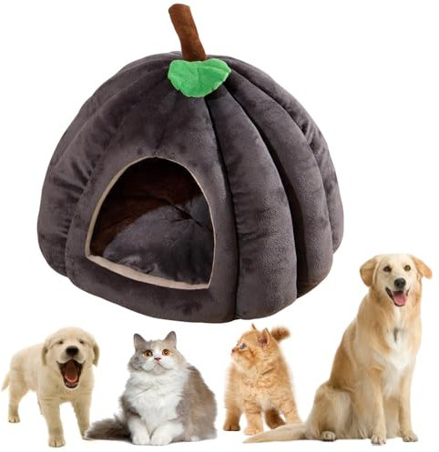 Recitem Katzenbett Flauschig, Kürbis Katzenbett für Indoor Katzen, Katzenkörbchen mit Abnehmbarem Kissen, Warmes Katzenbett Waschbar, Höhle Katzenkissen für Kleine Hunde und Katzen (Grau, M)
