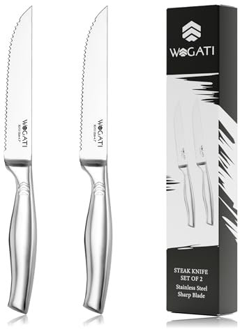 WAGATI Steak Knives Set of 2, Rust-Free Stainless Steel Steak Knives with Sharp Serrated Edge with Non Slip Handle