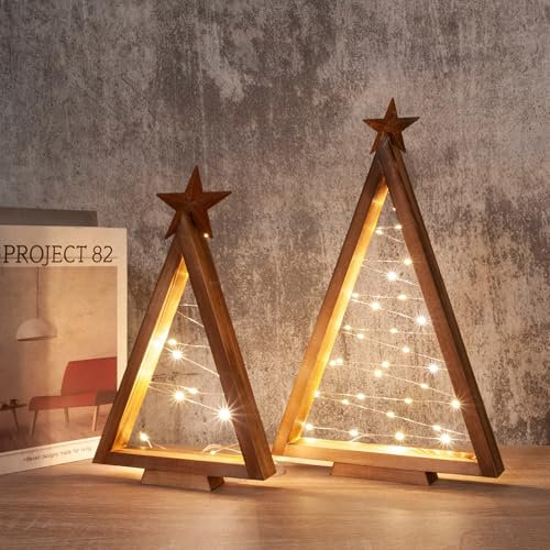 ACAREY Weihnachtsdeko LED Weihnachtsbeleuchtung aus Holz, 2er Weihnachtsbaum Beleuchtung Weihnachten Deko mit Licht, LED Weihnachtsbaum Holz Weihnachtsdeko Beleuchtung für Tischdeko Innen