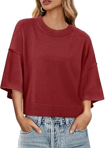 Saodimallsu Jersey de manga corta para mujer, cuello redondo, camiseta oversized de verano ligera, manga murciélago, jersey de punto, monocolor, elegante, tops, rojo, S