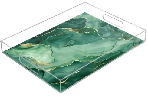 Plateaux de service rectangulaires en acrylique marbré vert avec poignées pour table basse, cuisine, salle de bain