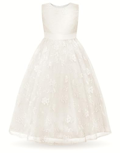 Uhnice Flower Girl Embroidered Dress Sleeveless Lace Ball Gown Formal Princess Dress for Wedding Birthday Party (Ivory, 4-5/110)
