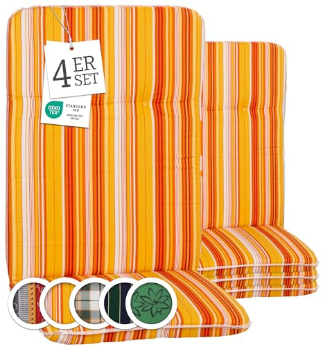 Beo Bali Paspelauflage Hochlehner Edremit orange gelb weiß gestreift 114x47 cm, 4er Set | Waschbare, atmungsaktive Auflagen | UV-beständige Sitz-Auflagen | Made in EU nach Öko-Tex Standard
