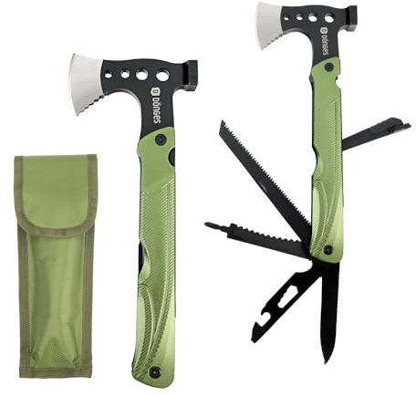Dönges Multitool 18 Funktionen - Mit Axt, Feuerstein & Hülle - Kompaktes Survival Tool für Outdoor, Bushcraft & Camping - Geschenk für echte Abenteurer