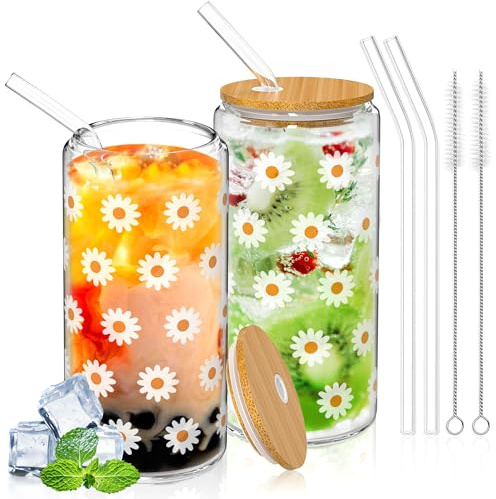 Yoassi Lot de 2 Verre Canette avec Couvercle et Paille,500ml Tasse à Café Glacé,Verre à Smoothie Réutilisable,Gobelet à Boire pour Cocktail,Soda,Jus,Bière,Wisky,Cola,Bubble Tea,Thé,Lait,Limonade,Eau