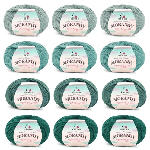Aeelike Schurwolle Wolle zum Häkeln, Stricken, 12 Wollknäuel, Weiche Garnknäuel, 1800 m, Mehrfarbiges Garn-Set für Bastelarbeiten, Schals, Decken und Pullover, Grün