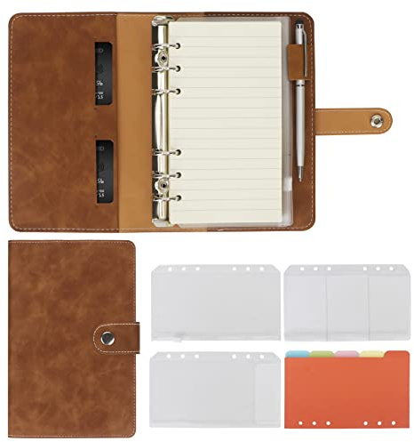 Simpolor Carnet de notes à anneaux en cuir - Format A6 - 6 anneaux avec papier de recharge - Pochettes et séparateur de sujet - Feuilles de papier - Carnet de voyage - Planificateur personnel avec