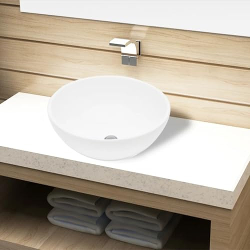 Lavabo da Appoggio Tondo, Lavandino Bagno in Ceramica Bianca Lucida, Design Moderno con Foro Scarico 4.5 cm, Per Mobiletto o Toilette, 32.5 x 14 cm