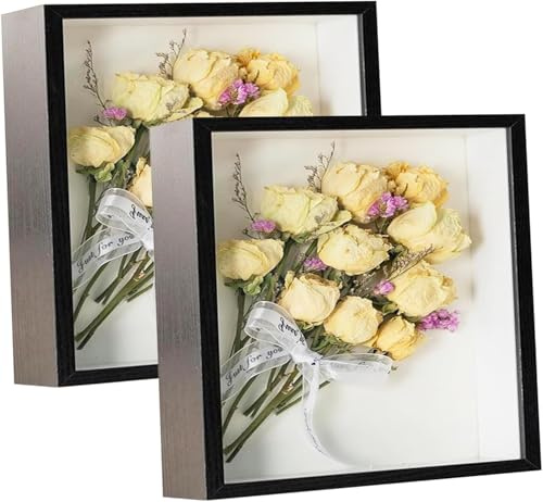 2 x Schattenbox-Rahmen, 20,3 x 20,3 cm, getrocknete Blumen-Fotorahmen, 3D-Bilderrahmen, Vitrine tiefer 3 cm mit transparenter Acrylplatte für Fotos, Bastelarbeiten, Hochzeits-Souvenir (schwarz, 20,3 x