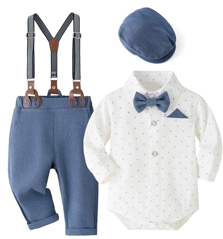 Volunboy Baby Boys Gentleman Suit, Formal Bow Tie Romper + Suspenders Pants + Beret Hat 5PCS Outfit(Tag Size 66,6-9 Months,Dark Blue