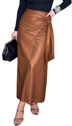 CHARTOU Women's Long Faux Leather Skirt Fall Wrap High Waisted Zip Up Side Slit Pencil Skirt (Small,Brown)
