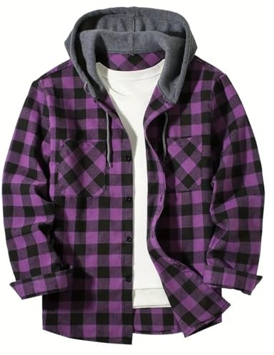 Générique Chemise avec Capuche Homme à Carreaux Flanelle Bûcheron Décontractée Surchemise Manches Longues Boutons Chemise Violet 3XL