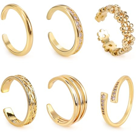 Mikovivi 6 Pièces Bagues d'Orteil en Or pour Femmes, 6 Styles Réglables Fleurs CZ Délicates Bagues d'Orteil Plage d'Été Bijoux de Pied Ouvert