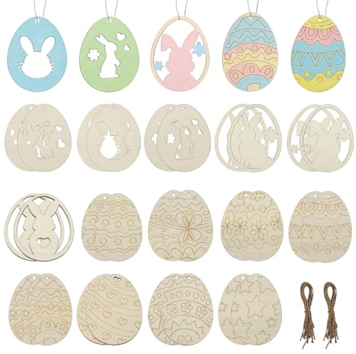 ZXTGBQ DecoracióN Madera De Pascua Conejo, Pascua Huevos De Madera Para Manualidades, DecoracióN De Pascua, Huevos, Conejito, Etiquetas De Pascuas Sin Terminar Con Cuerdas Para Fiesta De Pascua Adorno