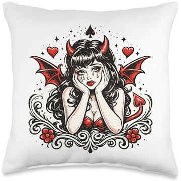 Cute Edgy Retro Devil Girl Throw Pillow
