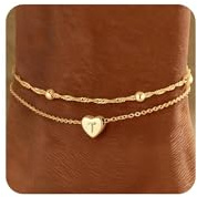 M MOOHAM Fußkettchen für Damen - 14K Gold Vergoldet Herz Buchstaben T Fußkettchen Kinder Mädchen Fussketten für Frauen Wasserfest Sommer Strand Fußschmuck Fußkette Geschenke für Frauen Freundin
